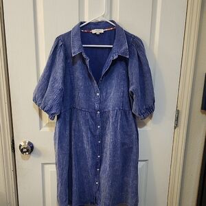 Umgee Blue Midi Sundress with Notched Collar and Puff Sleeves